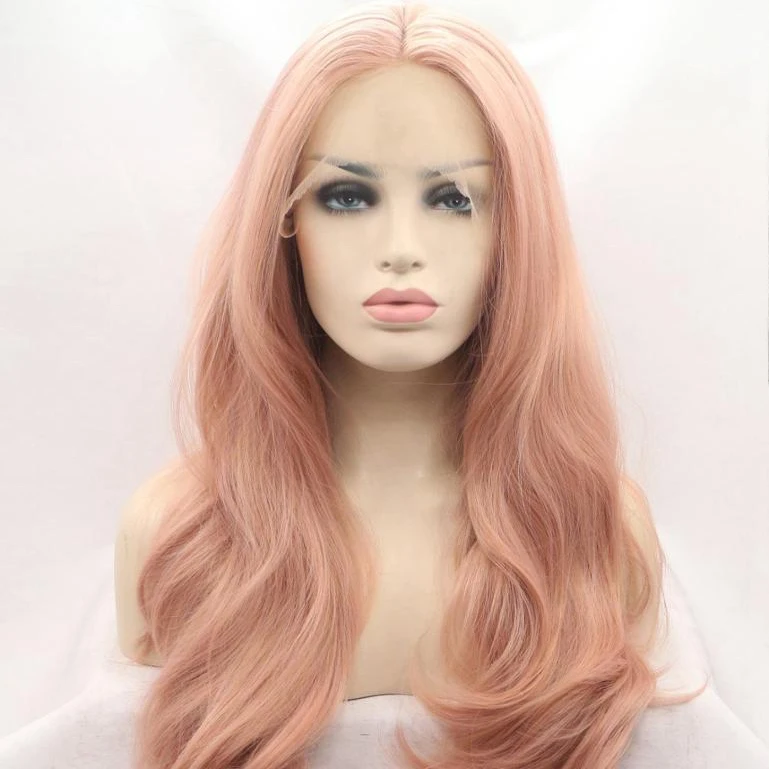

Long wave pink synthetic lace front wig
