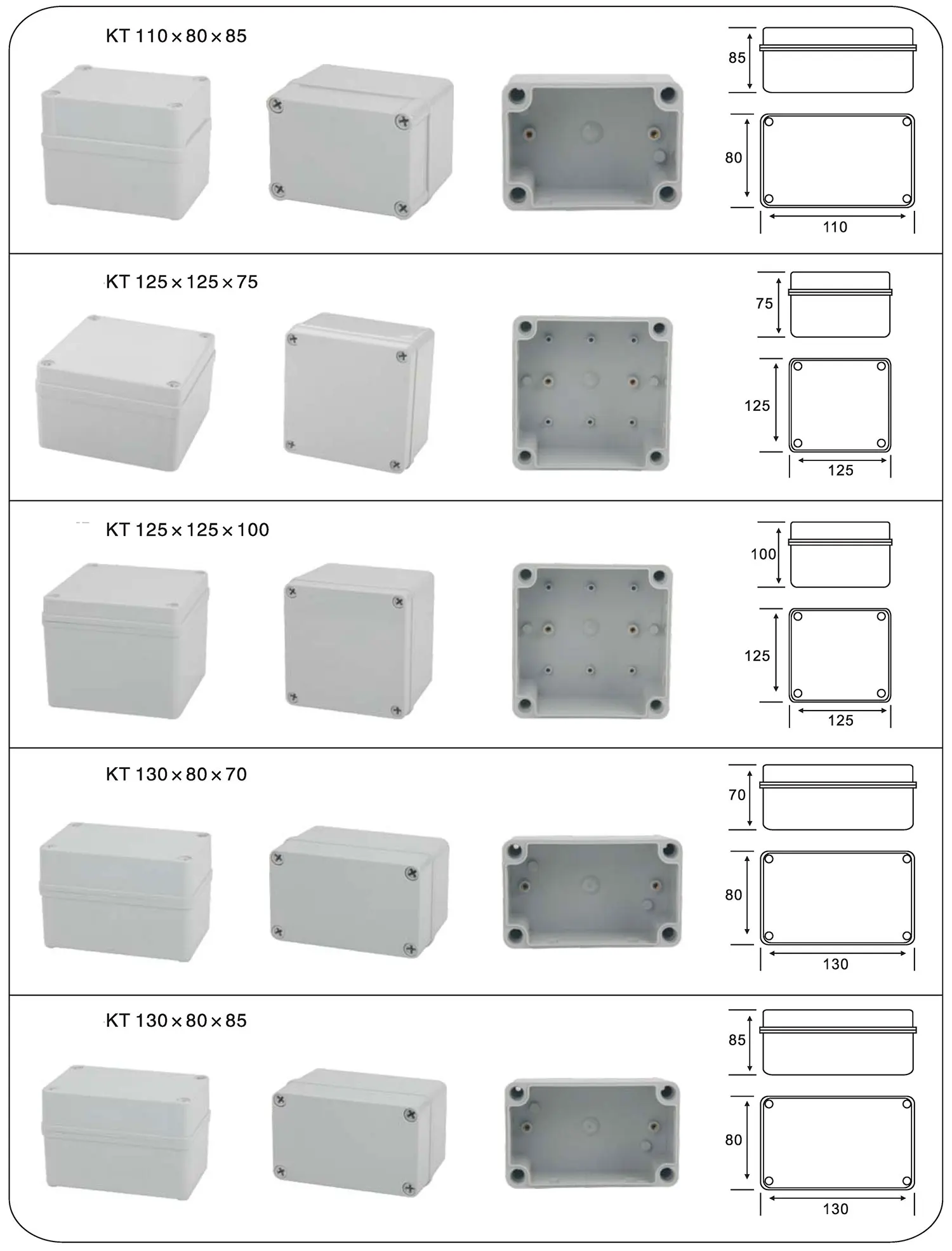 IP67 Waterproof 100x100x75mm 125x125x100mm 175x175x100mm 200x200x130mm ABS or Polycarbonate screw type Electrical Junction Box