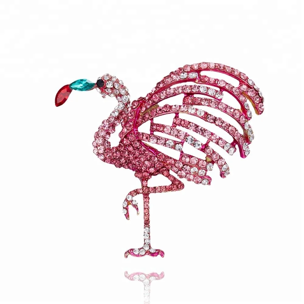 

Fashion Cute Coat Dress Wedding Pins Pink Rhinestone Crane Flamingo Bird Brooches Jewelry For Women
