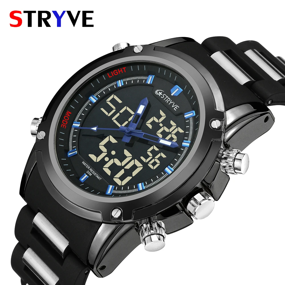 

STRYVE Brand Mens Sport Watch Men 30M Waterproof Quartz Watches Stainless Steel Band Analog LED Digital Display Wristwatches