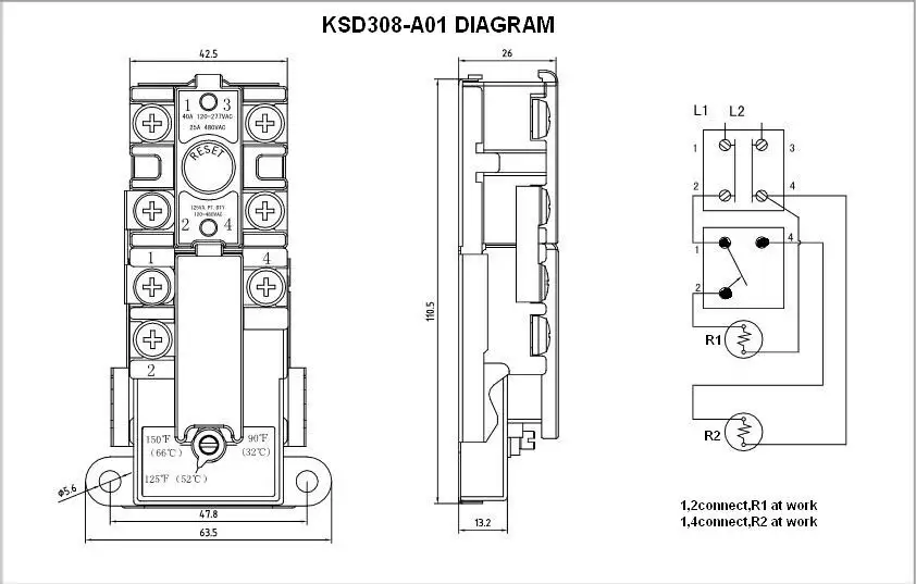 Ac110v/400v 25a-63a Thermostat Ksd308 For Electric High Power Water ...