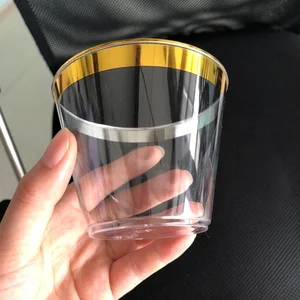 Image of 100 pcs 9 Oz Gold Plastic Clear Cups Old Fashioned Tumblers ~ Gold Rimmed Cups Fancy Disposable Wedding Cups