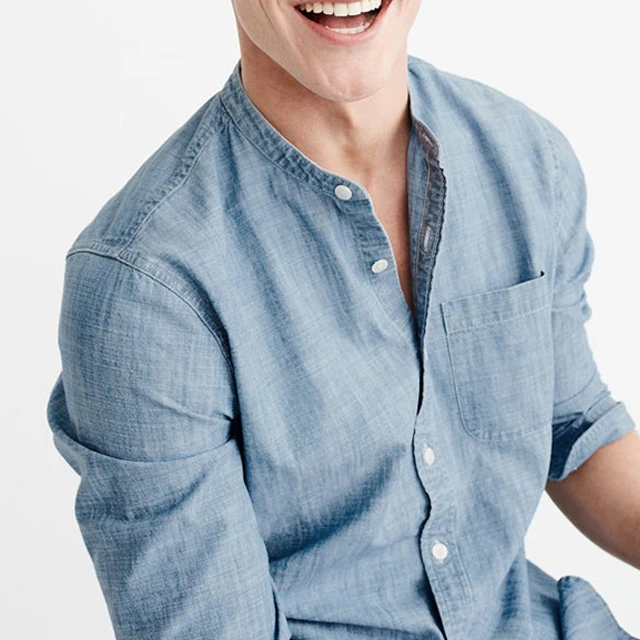 collarless shirt,blue denim shirt,mens 