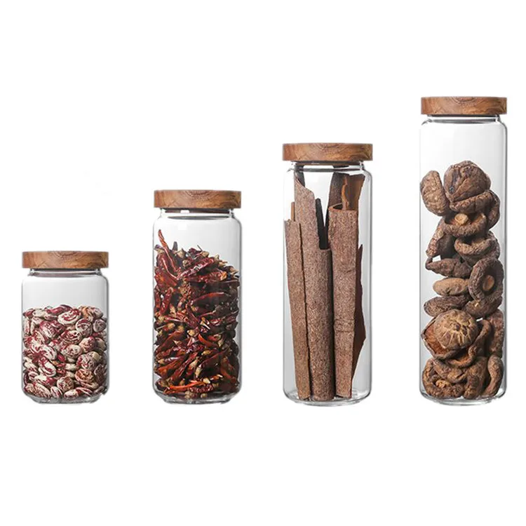 

wholesale unique borosilicate glass food storage jar with acacia wooden lid, Transparent