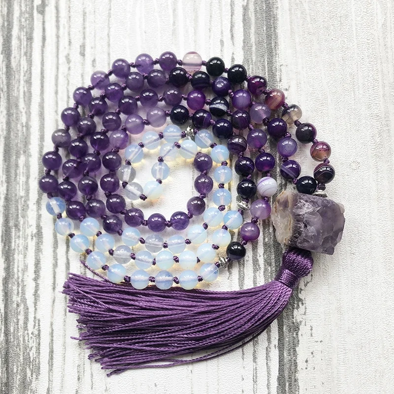 

ST0595 Mala Yoga Jewelry Raw Amethyst Pendant With Purple Tassel Necklace Hand Knotted Rough Stone Necklace For Women, As picture