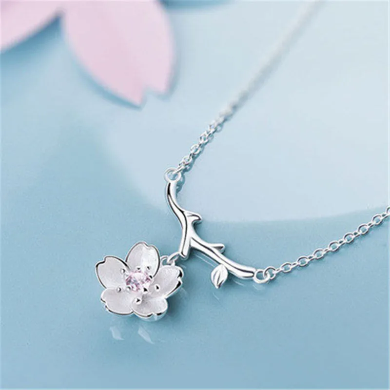 

Drop Shipping Necklace Cherry Blossom Silver Women Gift 925 Sterling Necklace Jewellery Clavicle Chain Pendant Charms