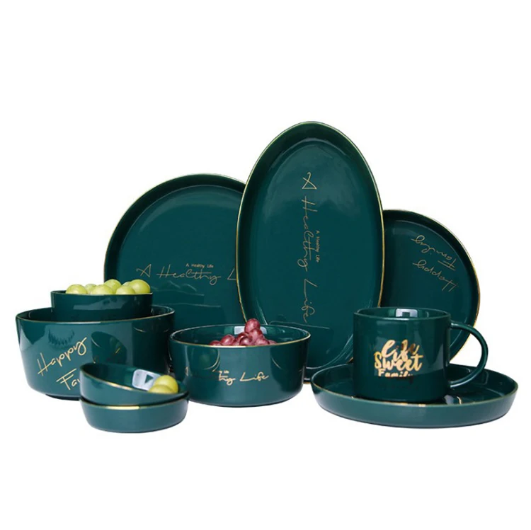 

Ins green gold Nordic porcelain cup dishes bowl plate dinnerware sets creative luxury ceramic tableware, Green phnom penh