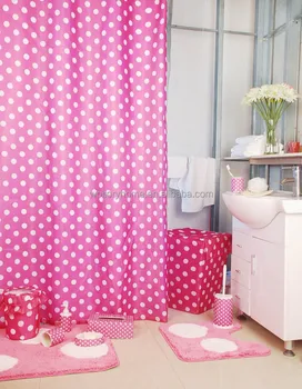 Polka Dot Pink Shower Curtain Bath Mat Set Ceramic Bath