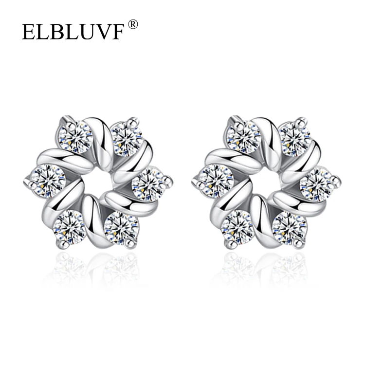 

ELBLUVF Free Shipping Women 925 Sterling Silver Plated Alloy Copper Zircon Jewelry Flower Christmas Stud Earrings, White gold