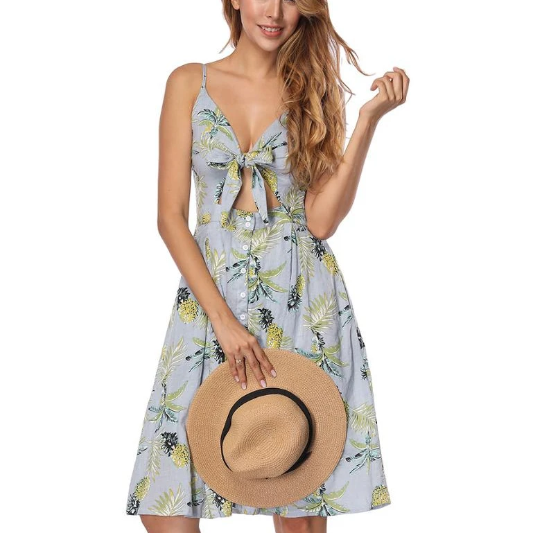 

Youthful Fashion Women Floral Dress Summer Sleeveless Women High Waist Dresses Female Deep Woman Midi Sundress, Sky blue