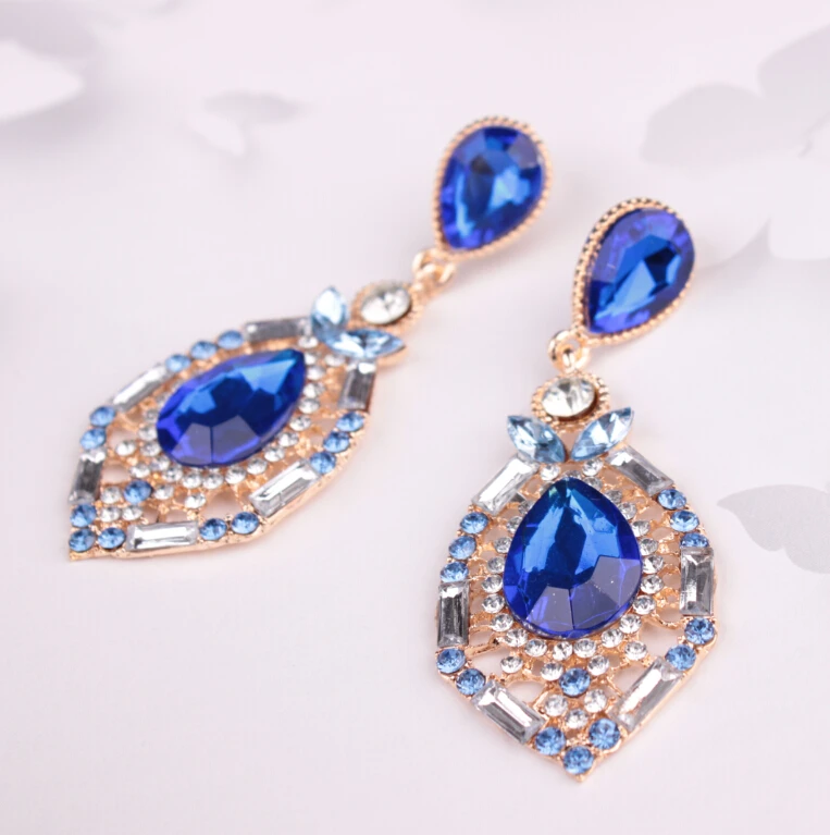 

European and American style gemstone crystal earrings exaggerated long jhumka style earrings, Green/blue/rose red