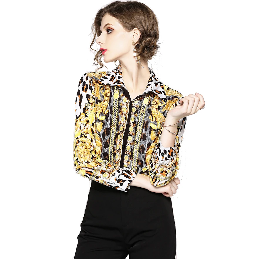 

European and American Autumn Women Fashion Brand New Turn Down Collar Button Front Long Sleeve Leopard Print Shirt