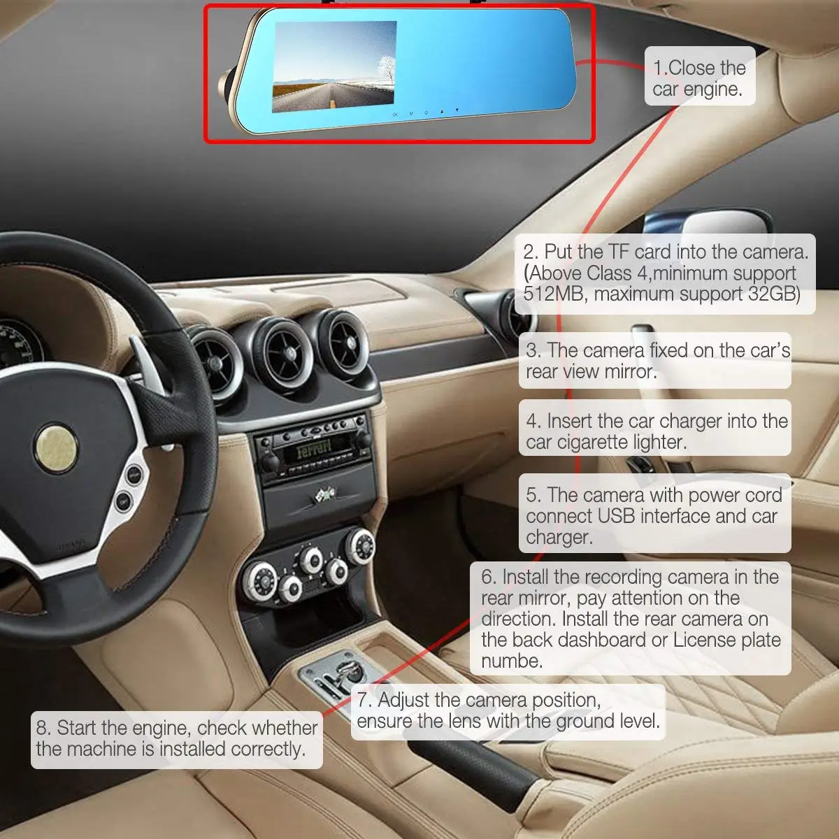 1080P HD Car Video Recorder Mirror Dash Cam Rearview Mirror Cam with Front and Back Camera