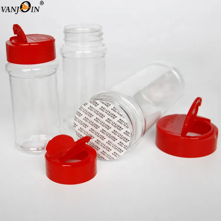 

9 oz 250ml Spice Containers clear plastic PET spice seasoning jars storage bottles with red sifter spoon Lids