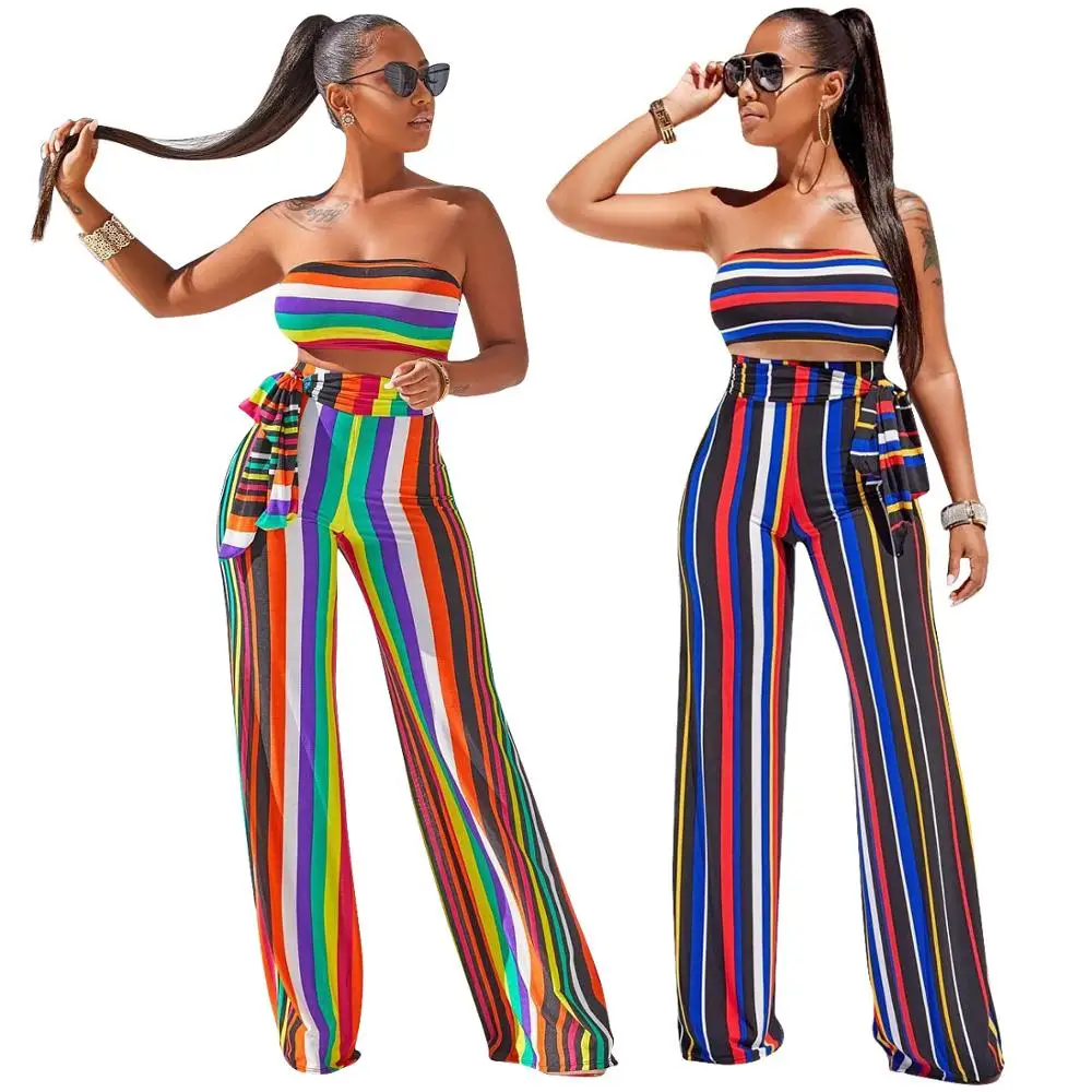 

Women two piece outfits off shoulder crop tops and stripe wide leg long pants, Picture color/customizable