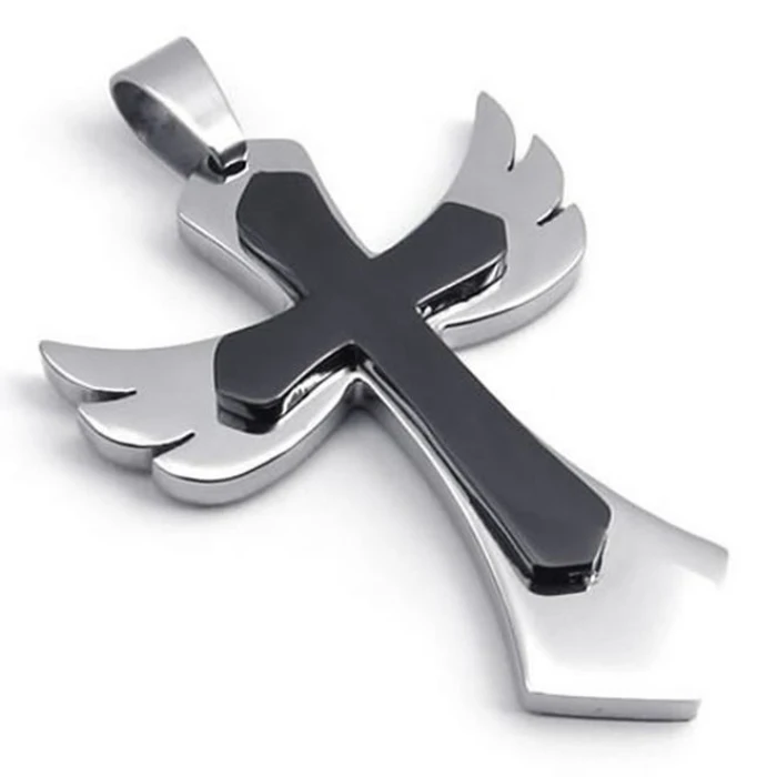 

Classic style fashion silver and black color double layer fashion stainless steel angel wing cross pendant for men and women