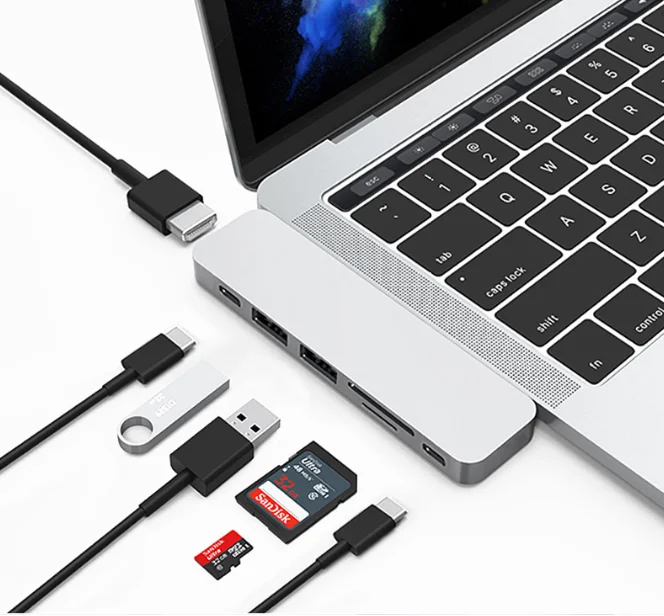 

Best Selling 7 In 1 For Macbook USB C HUB with HD MI + PD*2 + SD/TF Card Reader + USB 3.0*2 For MacBook Pro, Black silver grey