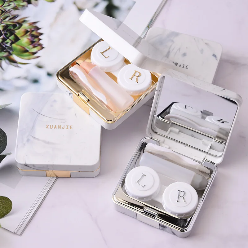 

Single case contact lens eye white color plastic case lens contact luxury marble clear lens box with women mirror, Customized