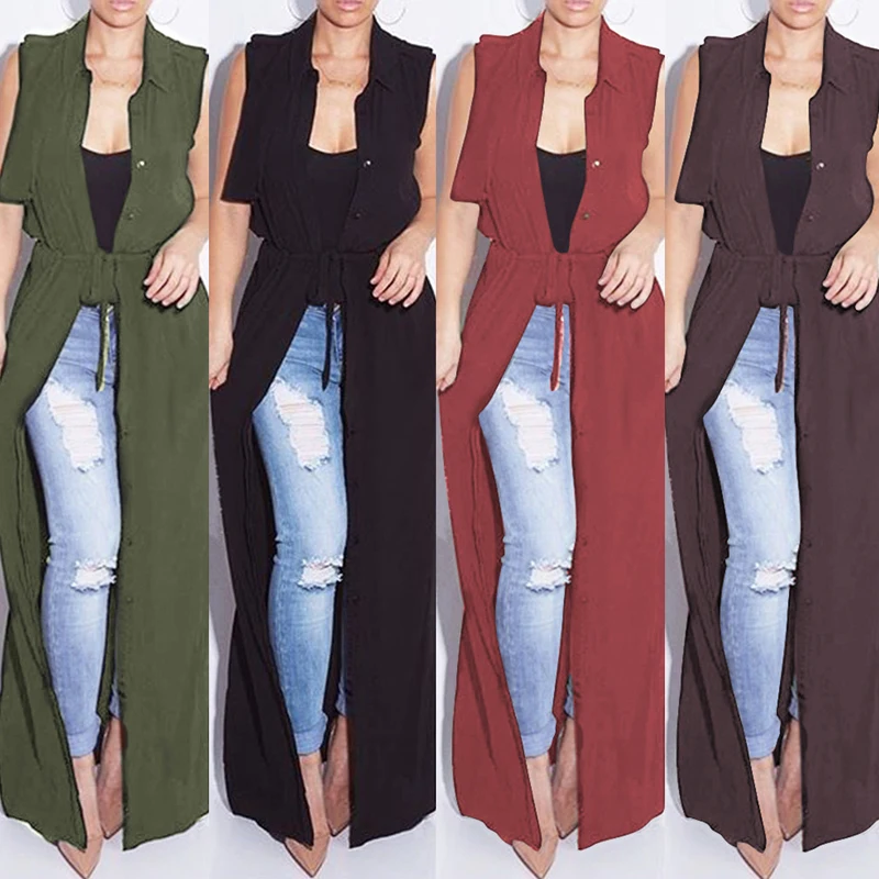 

Women Long Chiffon Blouse New Fashion Black Sleeveless Turn Down Collar Cardigan Maxi Shirt Blusas Button Tops Jacket, N/a