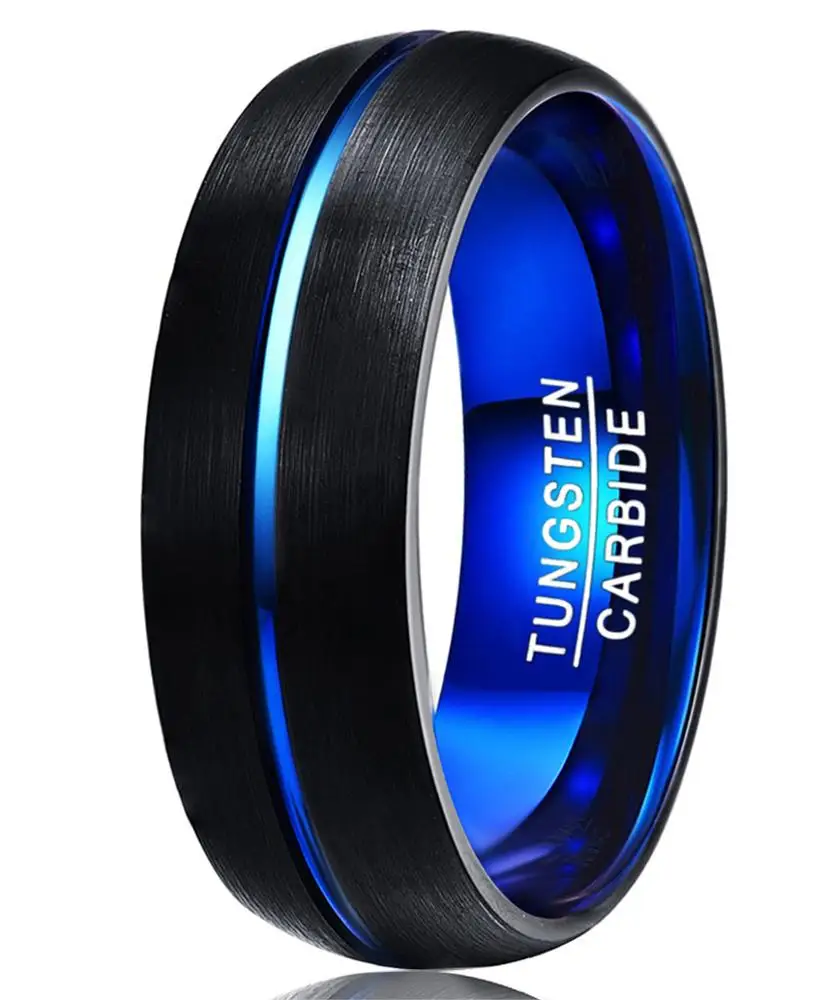 

8mm Blue Tungsten Wedding Bands Blue Grooved Center Double-sided Steps Promise Rings Antique Jewelry