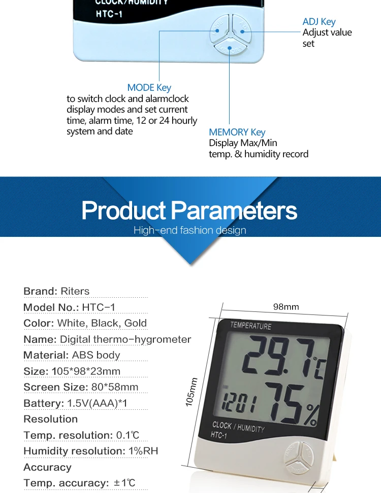 HTC-1 Riters Large digital thermostat temperature sensor lcd display digital thermo hygrometer temperature and humidity