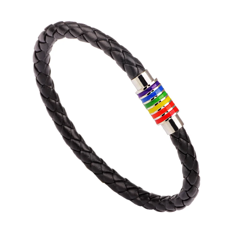 

Handmade Magnet LGBT Leather Woven Gay Pride Bracelet Weave Plaited Rainbow Braided Bracelet, Gold