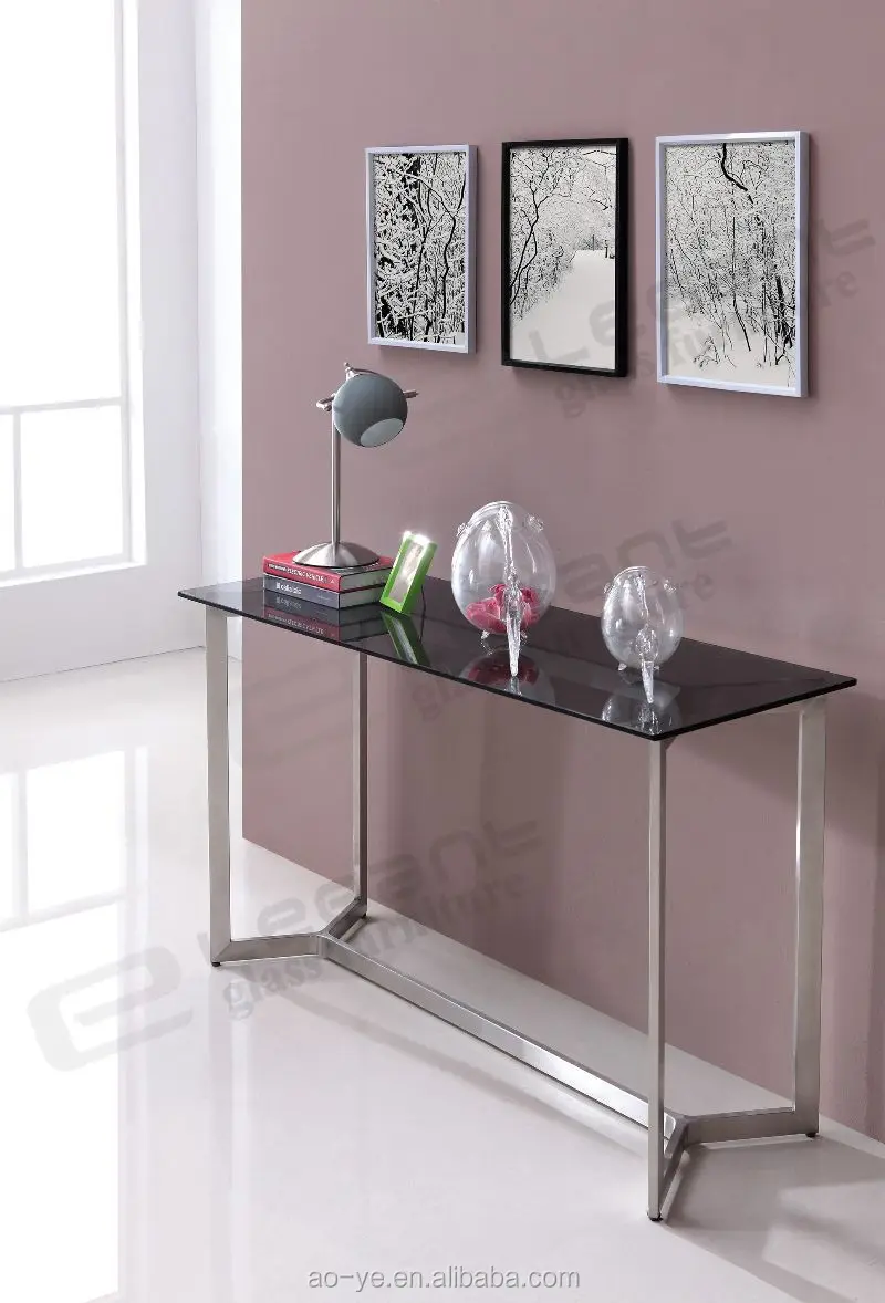 Italiaanse hoge roestvrijstalen console tafel met glazen blad ...