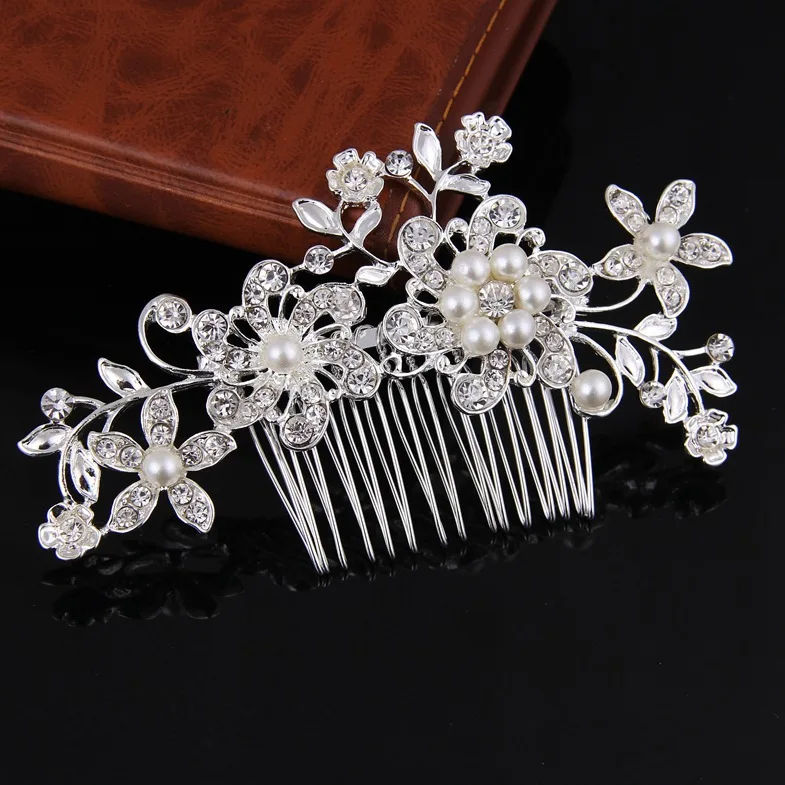 

Bridal bridesmaid alloy flower pearl wedding hair comb goody hair accessories elegant hair jewelry accessories, Sliver