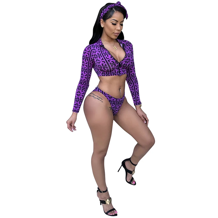 

Sexy Women Zipper Long Sleeve Brazilian Bikini Swimsuit Tankinis Swimwear 2 Pieces Printed Summer Bathing Suit, Purple