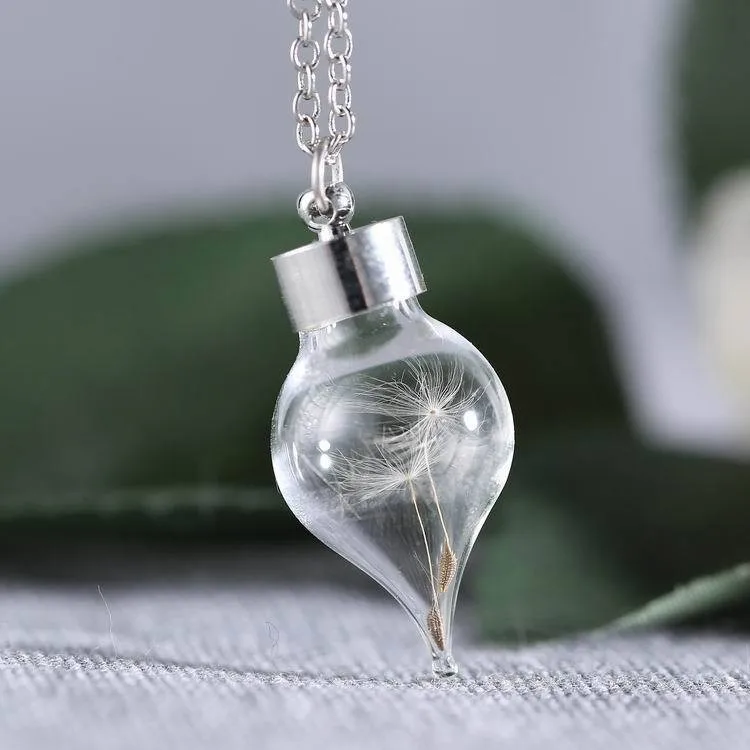 

Transparent Bottle Necklace Heart Pendant Necklace Glass Vial Real Dandelion Pendant Jewelry Gift