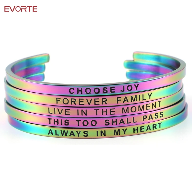 

Wholesale 316L Stainless Steel Women Jewelry Inspirational Hand Stamped Mantra Cuff Bangle Engraved Bracelet, Rainbow