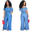 Casual loose Off The Shoulder Denim Backless Solid blue Long Club Jumpsuits