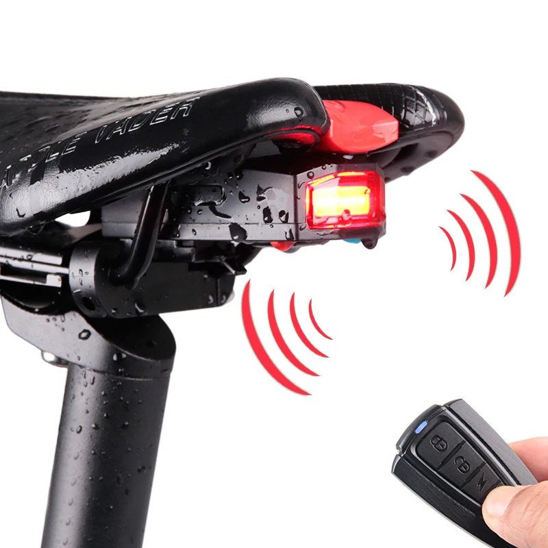 

USB Rechargeable Remote Control 4 In 1 Bicycle Bike Light Security Lock Alarm Anti-theft Waterproof rear light, Black