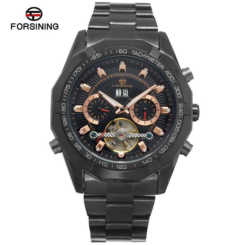 

Forsining 2018 Black Gold Stainless Steel Waterproof Men's Watches Top Brand Luxury Transparent Mechanical Male Wristwatch