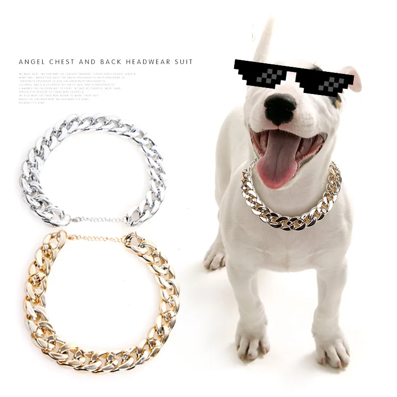 

Fashion luxury decorative dog Cuban chain collar rose gold collar reflective golden PP or Metal dog necklace collar, Gold,rose gold,sliver