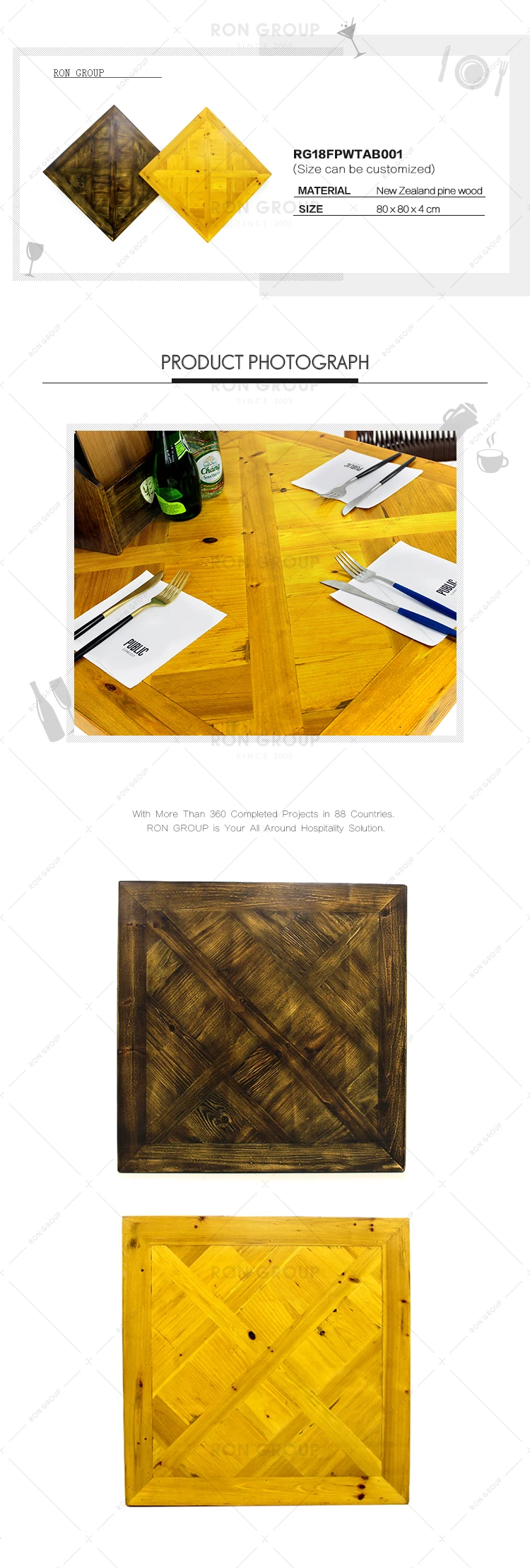 Hot Sale Custom Size Vintage Coffee Shop Indoor Outdoor Restaurant Furniture Wooden Dining Room Square Timber Wood Table Top