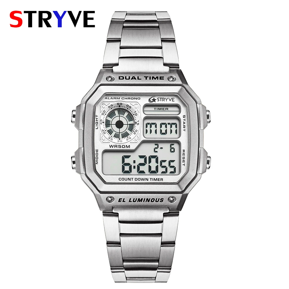 

Fashion Full Stainless Steel Stryve Luxury Count Down Digital Clock Waterproof Sport Electronic Led Watch 8007