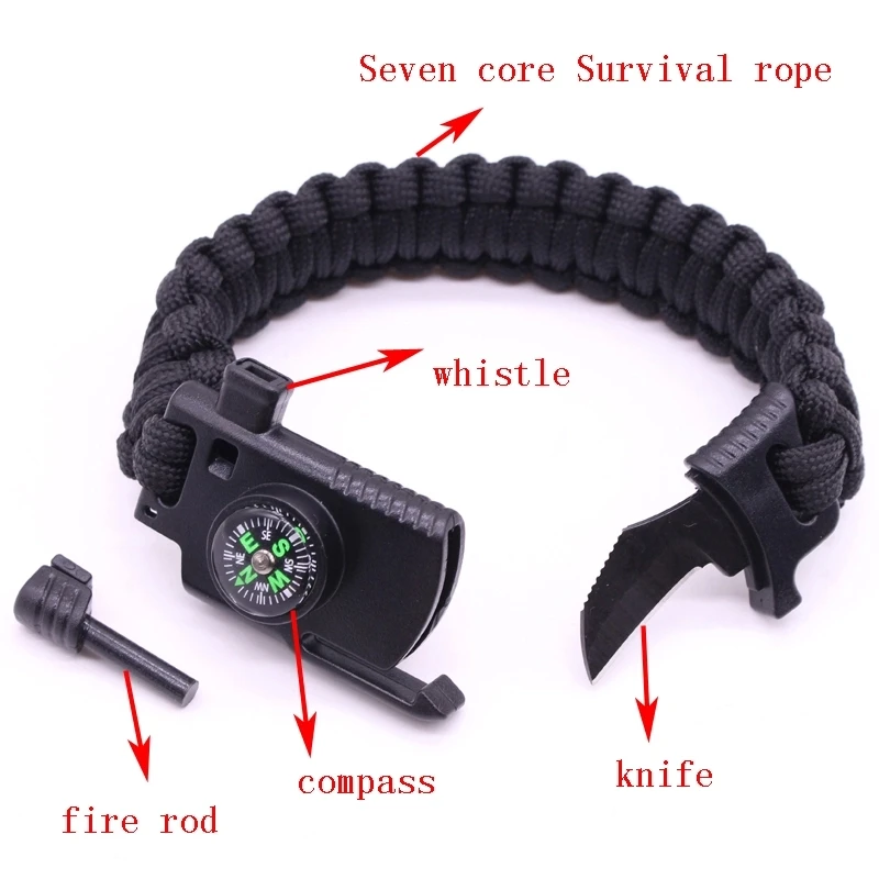 

Paracord Survival Bracelet Inside Flint Fire Starter Compass Survival Bracelet, Multi-colors