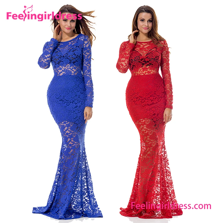 

2017 Fashion Blue And Red Lace Long Evening Dress, As shown long evening dress