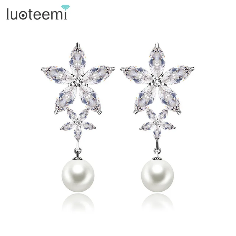 

LUOTEEMI Wholesale Luxury Women Girls Fashion Jewelry Sparkling Double CZ Crystal Flowers Bridal White Gold Plated Earrings