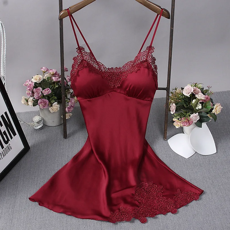 

Women Sleeveless Strap Pajama Sets Nightwear Lace Trim Satin Sleepwear Set Top Sexy Lingerie, Gray-blue, pink, navy, wine red