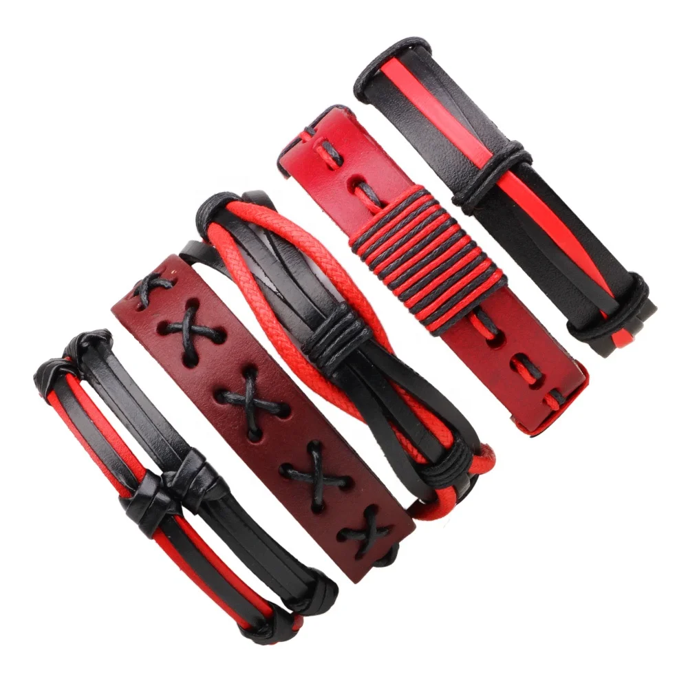 

Fashion Womens Handmade Woven Braided Multilayer Leather Wrap Bracelets Set, Red