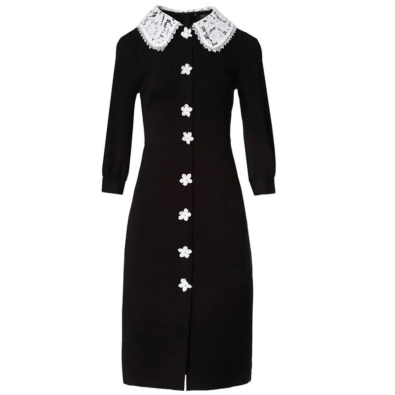 
Wholesale Women Spring New Fashion Three Quarter Sleeve Peter Pan Collar Pearls Beaded Lace Decoration Long Black Pencil Dress 