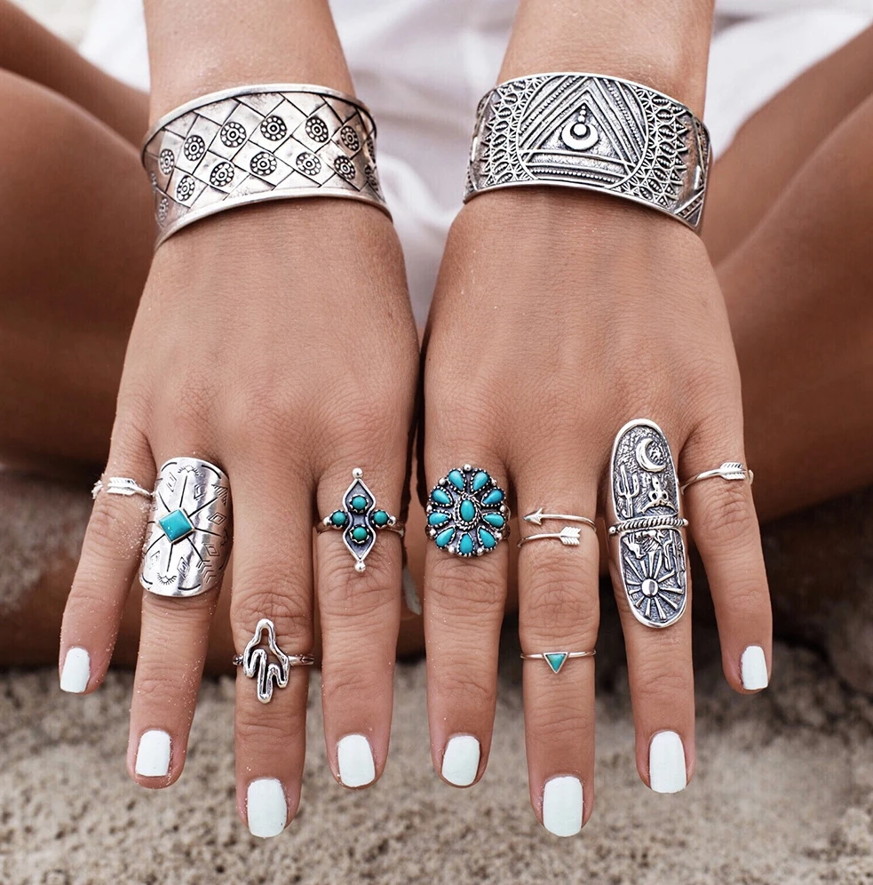 

New Design Bohemian Ladies Full Finger Ring 9 rings 1 sets, Silver