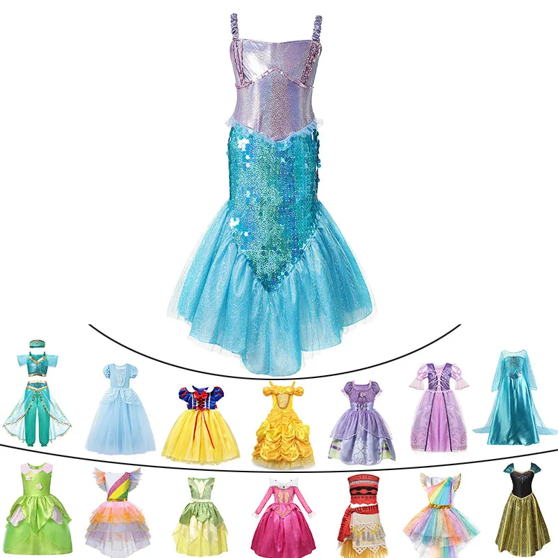 

Baby Girls Summer Princess Mermaid Cinderella Dress Tinkerbell Jasmine Halloween Elsa Cosplay Costume Child Unicorn Party, As picture