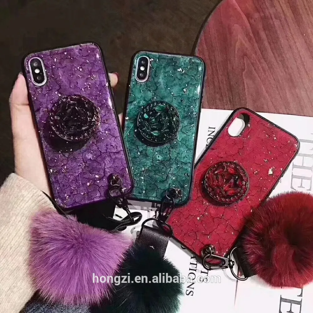 

Bracket hair ball lanyard Capinha For iPhone 6 7Plus 8 8 Plus 7 6s Epoxy crack Case Cover For iPhone X Xs Max Xr Capa