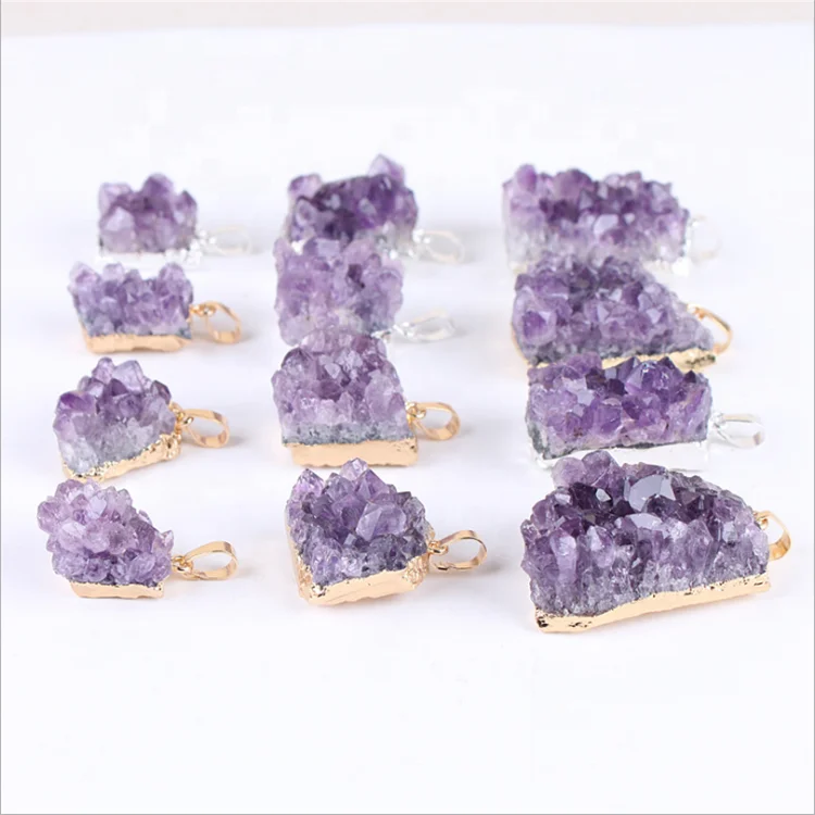 

Wholesale Amethyst Cluster Pendant Necklace Druzy Pendant Gold-plating Rough Gemstone Pendant, Purple