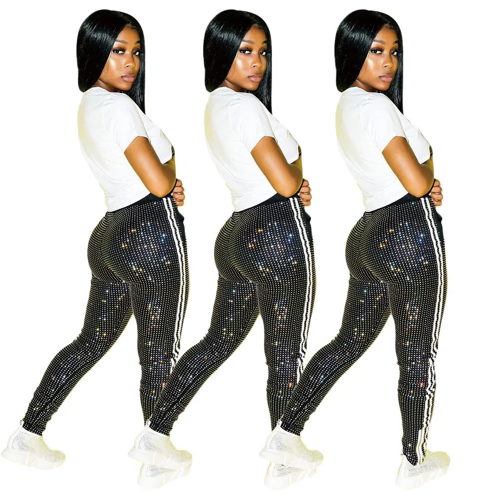 

Casual sequined women sweatpants bling striped high waist trousers, As picture showed