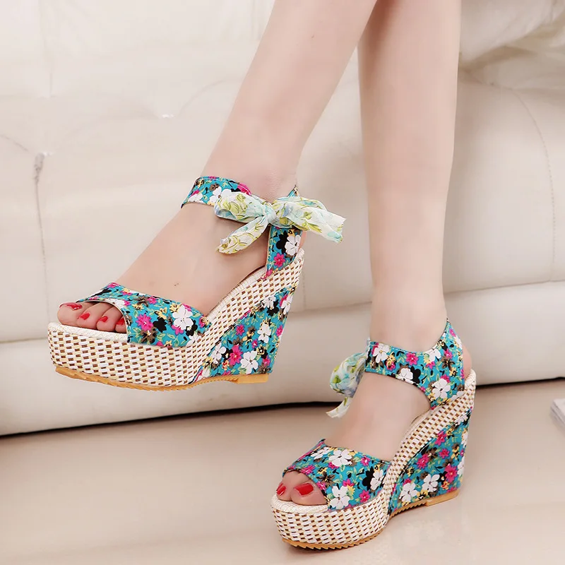 

Women Summer Wedge Sandals Female Floral Bowknot Platform Bohemia High Heel Sandals Fashion Ankle Strap Open Toe Ladies Shoes, As shown