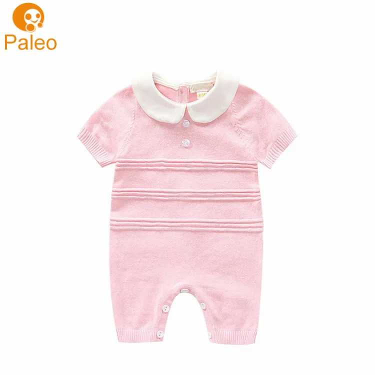 

China Manufacturer New summer baby girl ruffle pink infant romper white collar kids wear